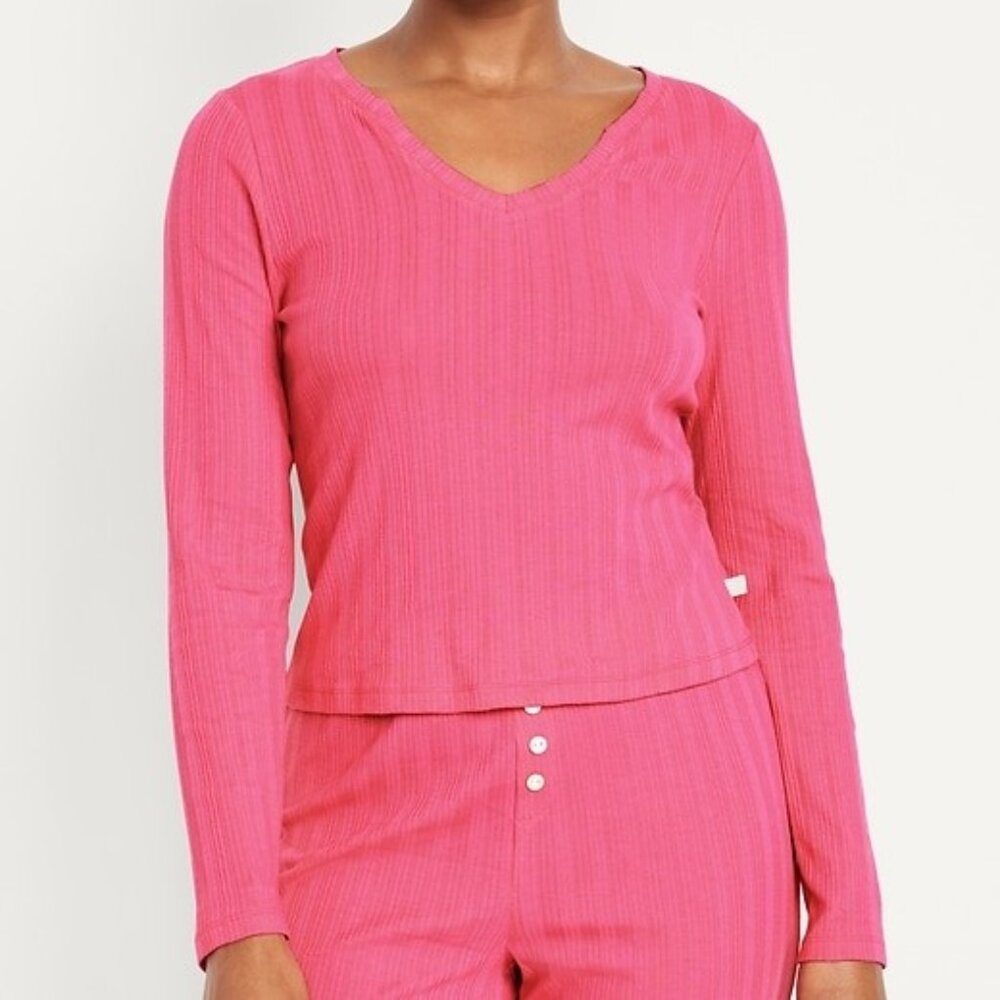 Old Navy Pointelle Knit Pajama Top V-Neck Long Sleeve Hot Pink Size Large NEW